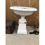 AN IMPRESSIVE CAST IRON URN ON A CAST IRON PEDESTAL, HEIGHT 84CM, DIAMETER 74CM