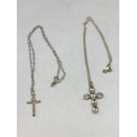 TWO SILVER NECKLACES WITH CROSS PENDANTS TO INCLUDE ONE WITH CLEAR STONES BOTH MARKED 925