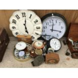 A LARGE COLLECTION OF VARIOUS CLOCKS TO INCLUDE WALL, MANTLE CLOCKS, BAROMETER ETC.