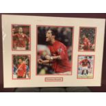 FIVE PHOTOGRAPHS OF CRISTIANO RONALDO ONE WITH HIS SIGNATURE IN A MOUNT COMPLETE WITH CERTIFICATE OF
