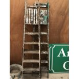 TWO SETS OF VINTAGE WOODEN SIX RUNG STEP LADDERS WITH PLATFORM