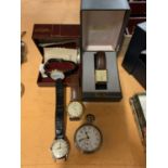 FOUR WATCHES WITH LEATHER STRAPS, TWO BOXED AND A FOB WATCH