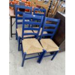 FOUR MODERN RUSH SEATED DINING CHAIRS, PAINTED BLUE