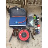 VARIOUS TOOLS TO INCLUDE A 13 AMP FOUR SOCKET EXTENSION LEAD, A CAMPING GRILL AND MARK SPRAYS ETC