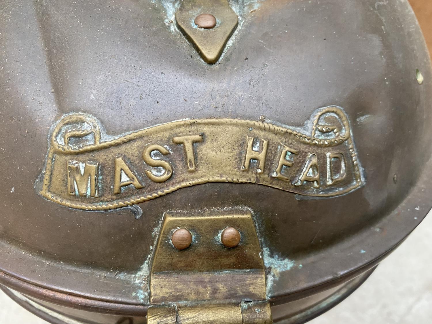 A VINTAGE COPPER AND BRASS MARITIME LAMP WITH MAST HEAD LABEL - CONVERTED TO ELECTRIC - Image 2 of 8