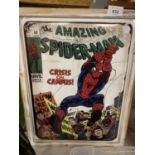 A FRAMED ENAMEL SPIDERMAN COMIC SIGN