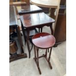 A MAHOGANY WINE TABLE AND TWO OAK SIDE TABLES ON BARLEY TWIST SUPPORTS