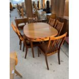 A RETRO TEAK DINING TABLE AND SIX DINING CHAIRS (TABLE TOP REQUIRES FIXING)