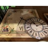 ONE LARGE SQUARE KITCHEN CLOCK AND A SMALLER CIRCULAR KITCHEN CLOCK