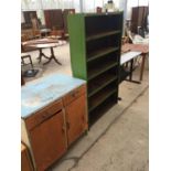 A VINTAGE SIX SHELF METAL SHELVING UNIT ALONG WITH A VINTAGE 1950'S KITCHEN UNIT