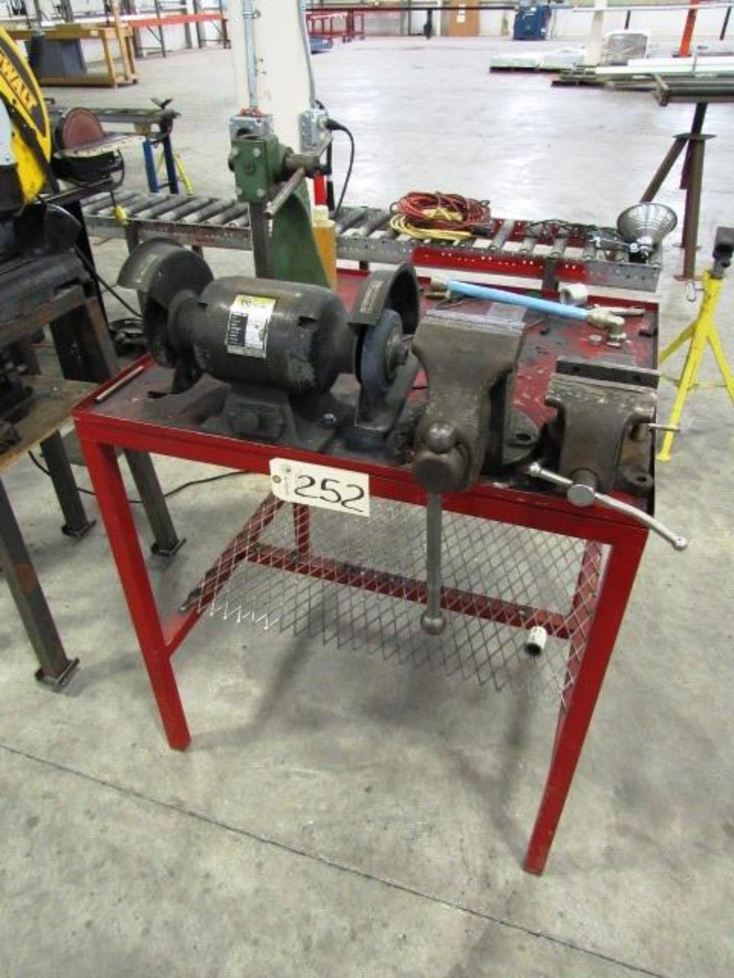 Double End Grinder & (2) Vises & Arbor Press & Table