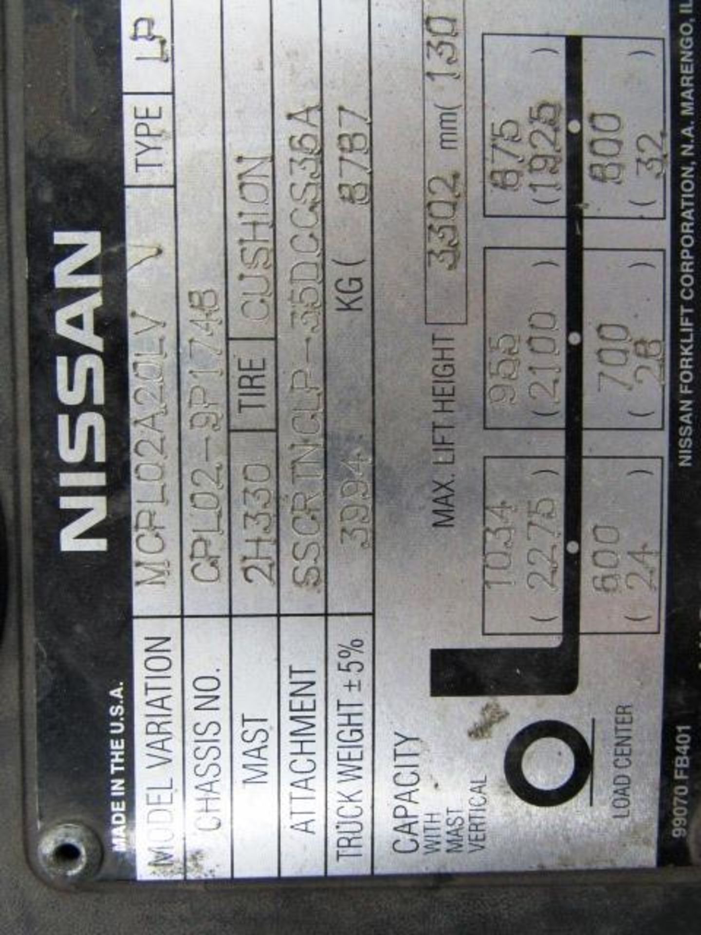 Nissan 40 2,500lb Capacity Propane Forklift with Side Shift, Lights, 42'' Forks, sn:MCPL02A20LV - Image 7 of 7