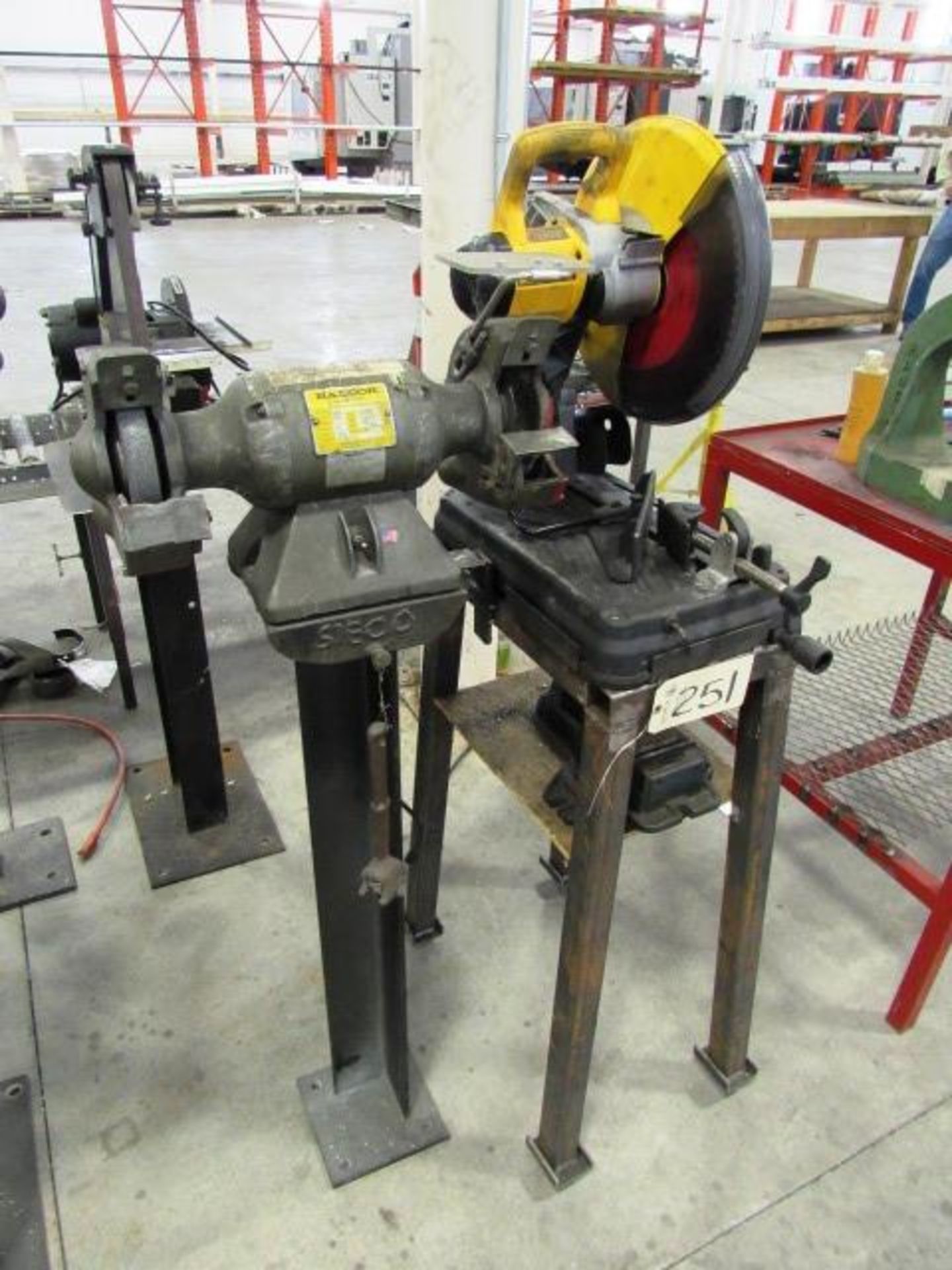 Double End Grinder & 14'' Dewalt Saw & Vise