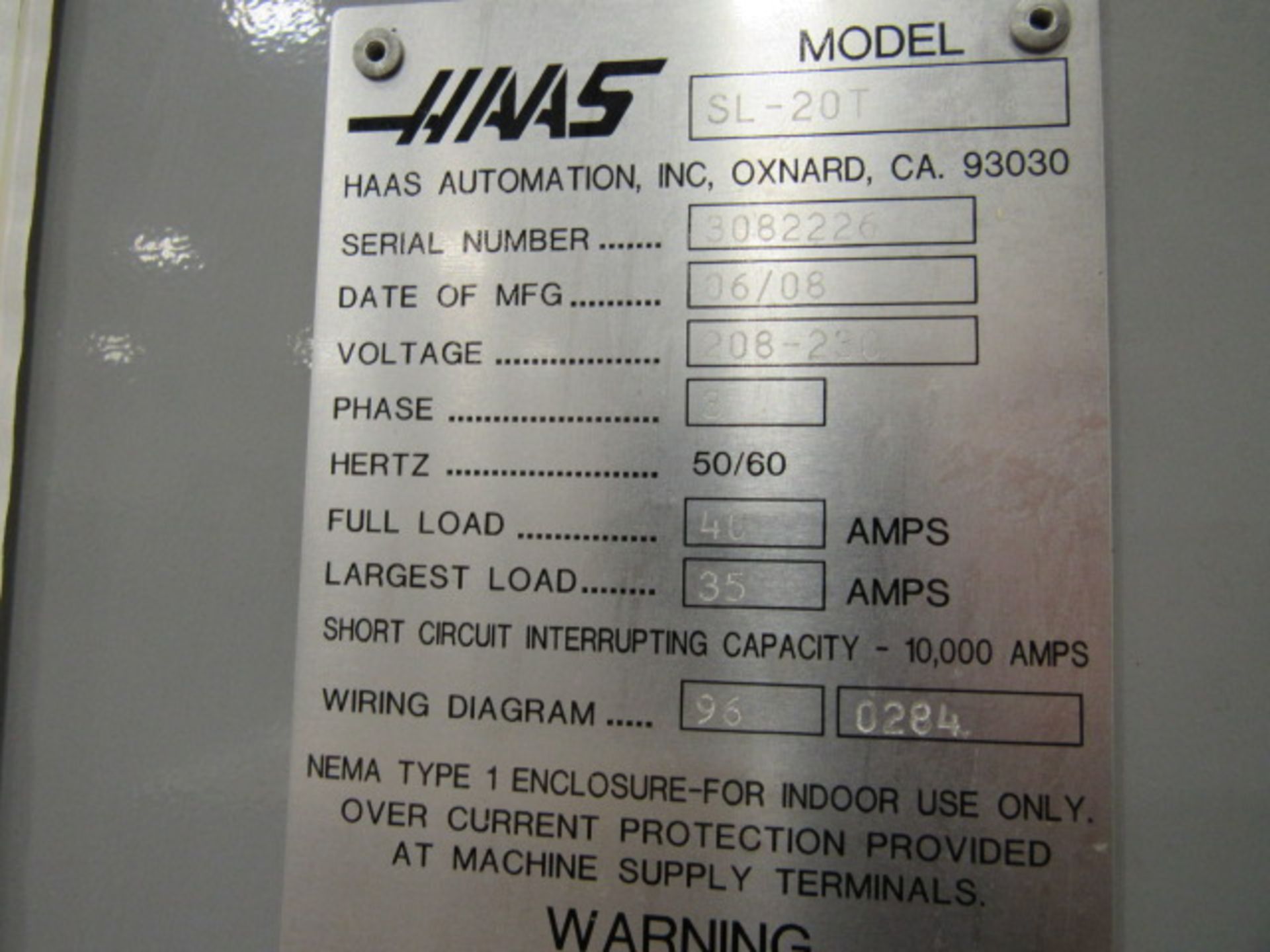 Haas SL20T CNC Turning Center with 8'' 3-Jaw Power Chuck, Approx 22'' Max Cutting Length, Tailstock, - Image 6 of 6