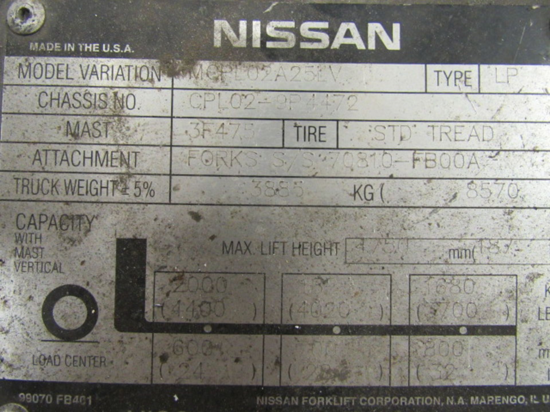 Nissan 50 4,400lb Capacity Propane Forklift with (4) Hard Tires, 3-Stage Mast with Side Shift, - Image 7 of 7