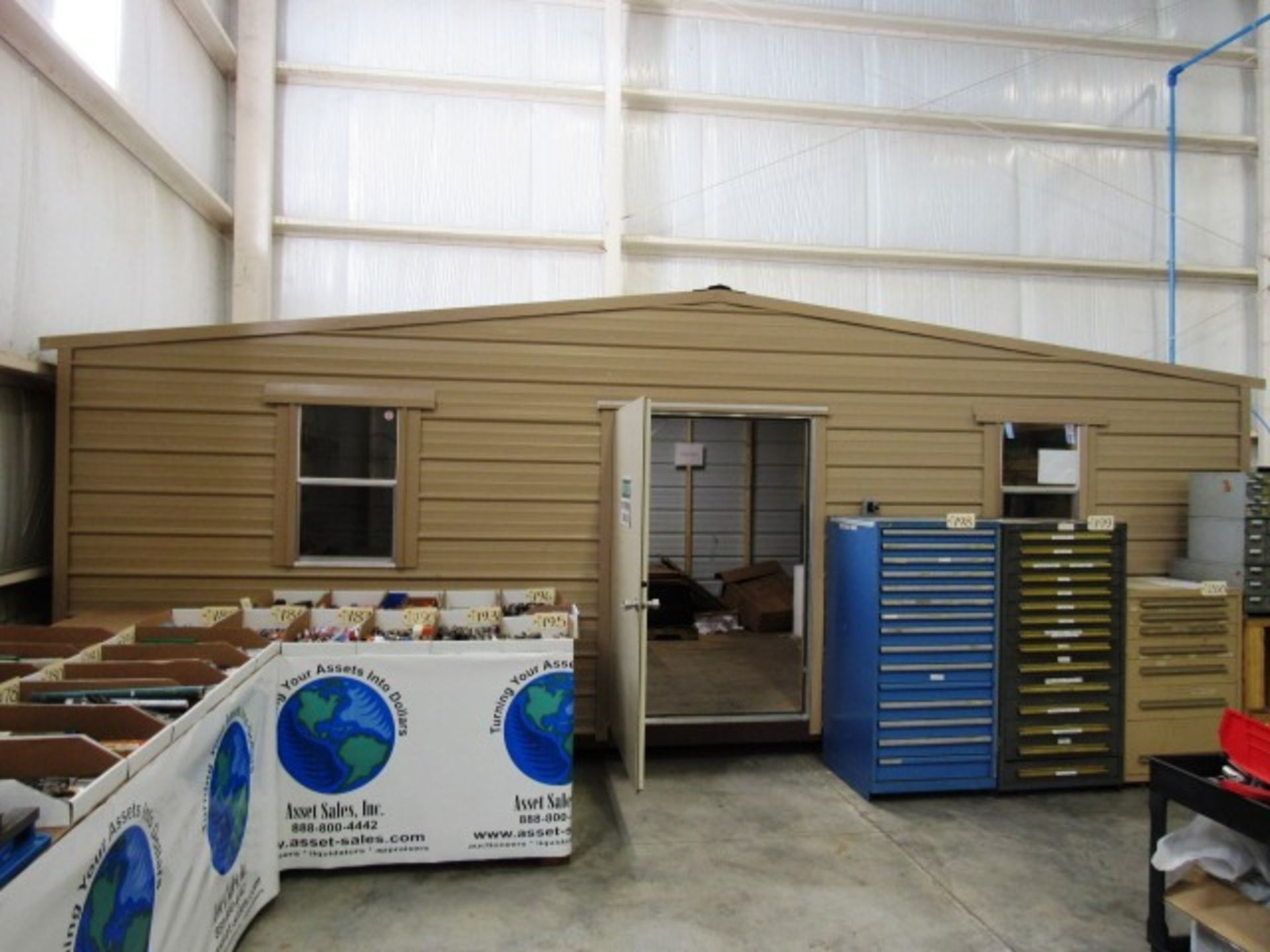 Storage Shed 8'H x 11'D x 24'W (inside dimensions) with Lights, 110V, Wood Shelving on opposite