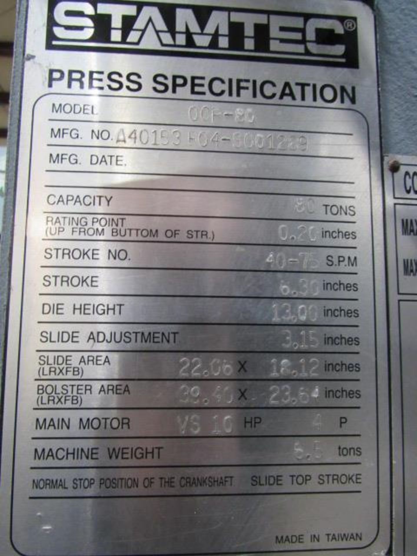 Stamtec Model OCP-80 80 Ton OBS Gap Frame Press, sn:A40153F04-S001289 - Image 8 of 8