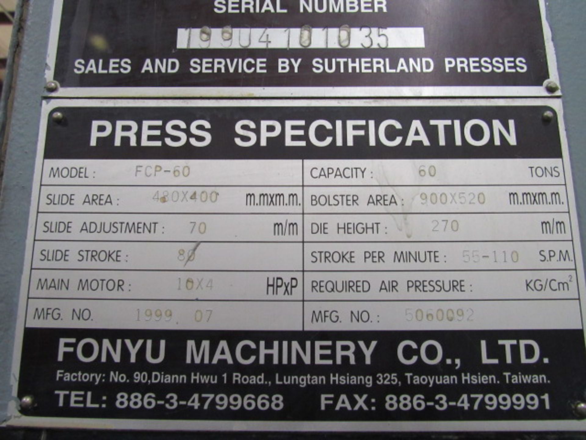 Sutherland Model FCP-60 66 Ton OBS Gap Frame Press, sn:19904101035 - Image 7 of 7