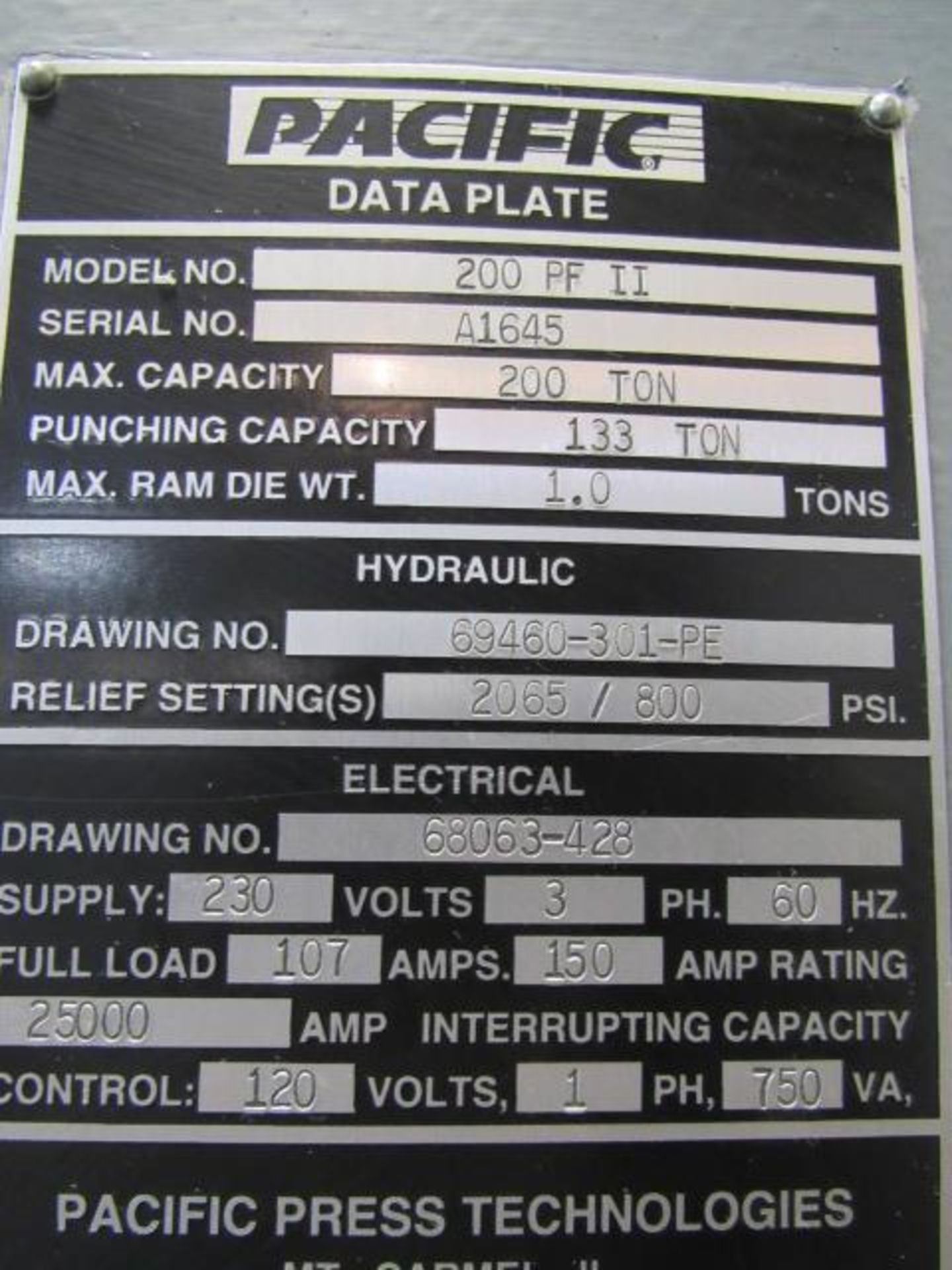 Pacific Model 200PFII 200 Ton Press Former Hydraulic Press, sn:A1645 - Image 8 of 8