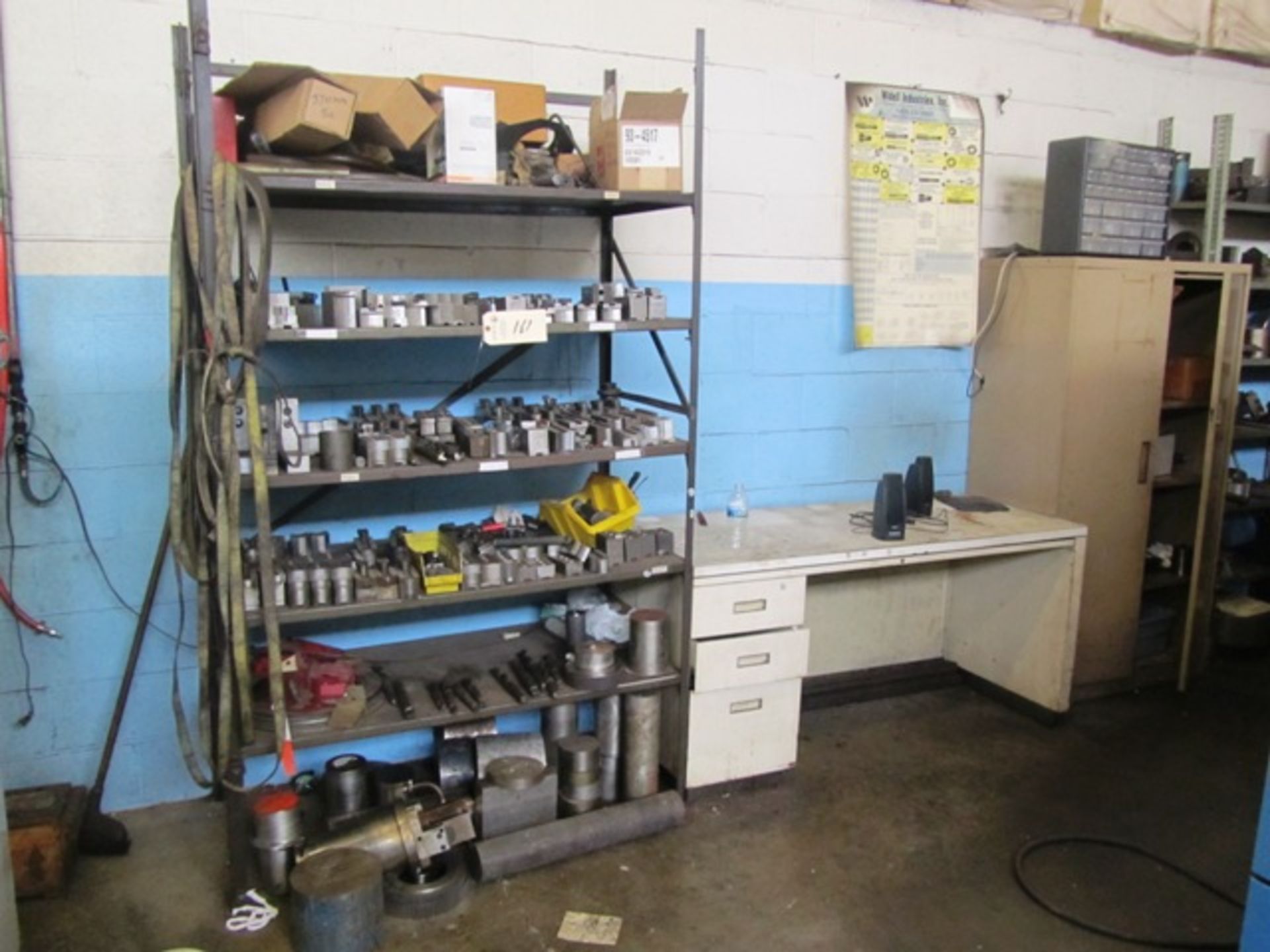 Rack with Assorted Lathe Jaws & 2 Door Cabinet with Contents