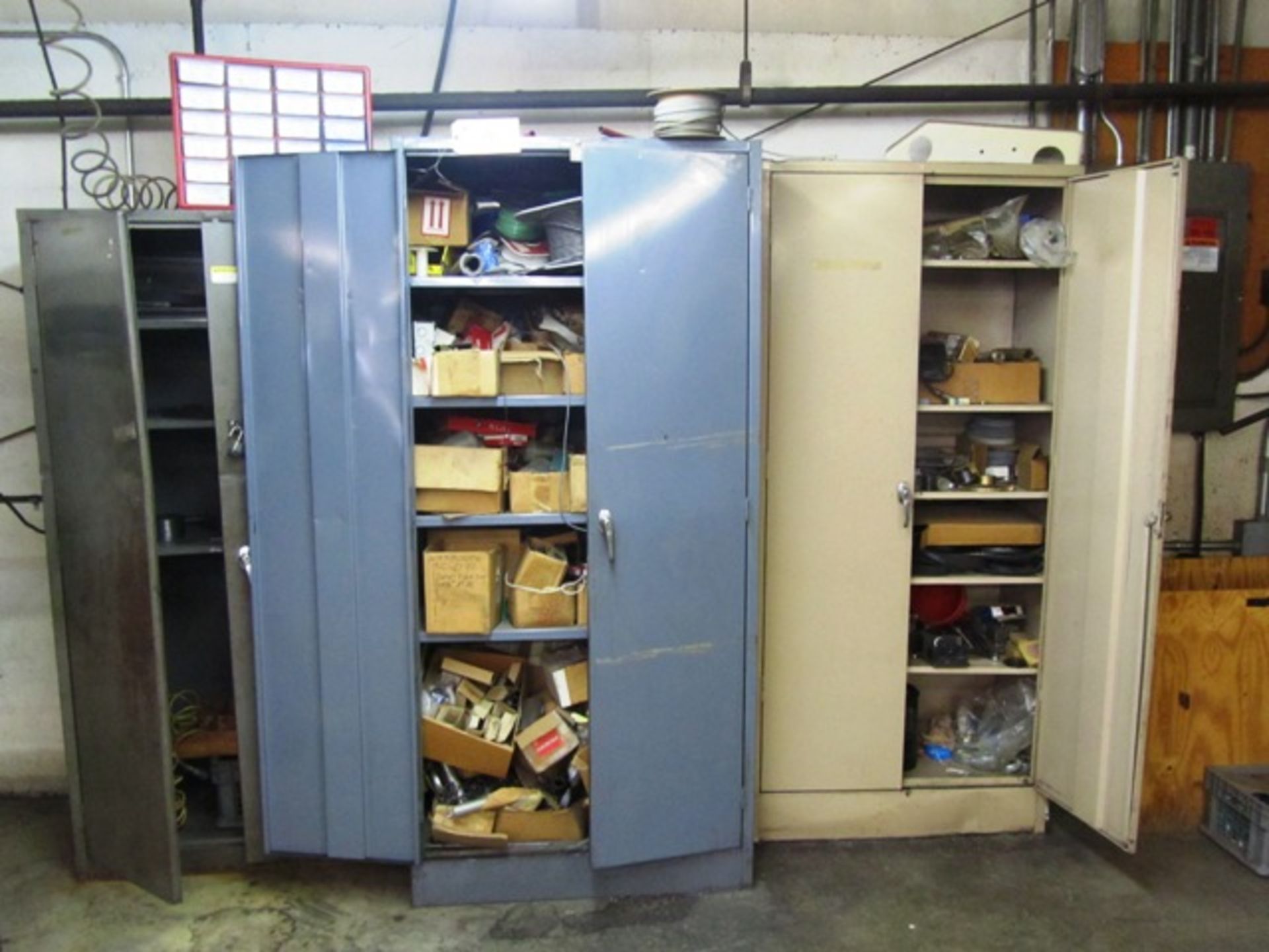 (3) 2 Door Cabinets with Bearings, Wire, Belts, Etc.