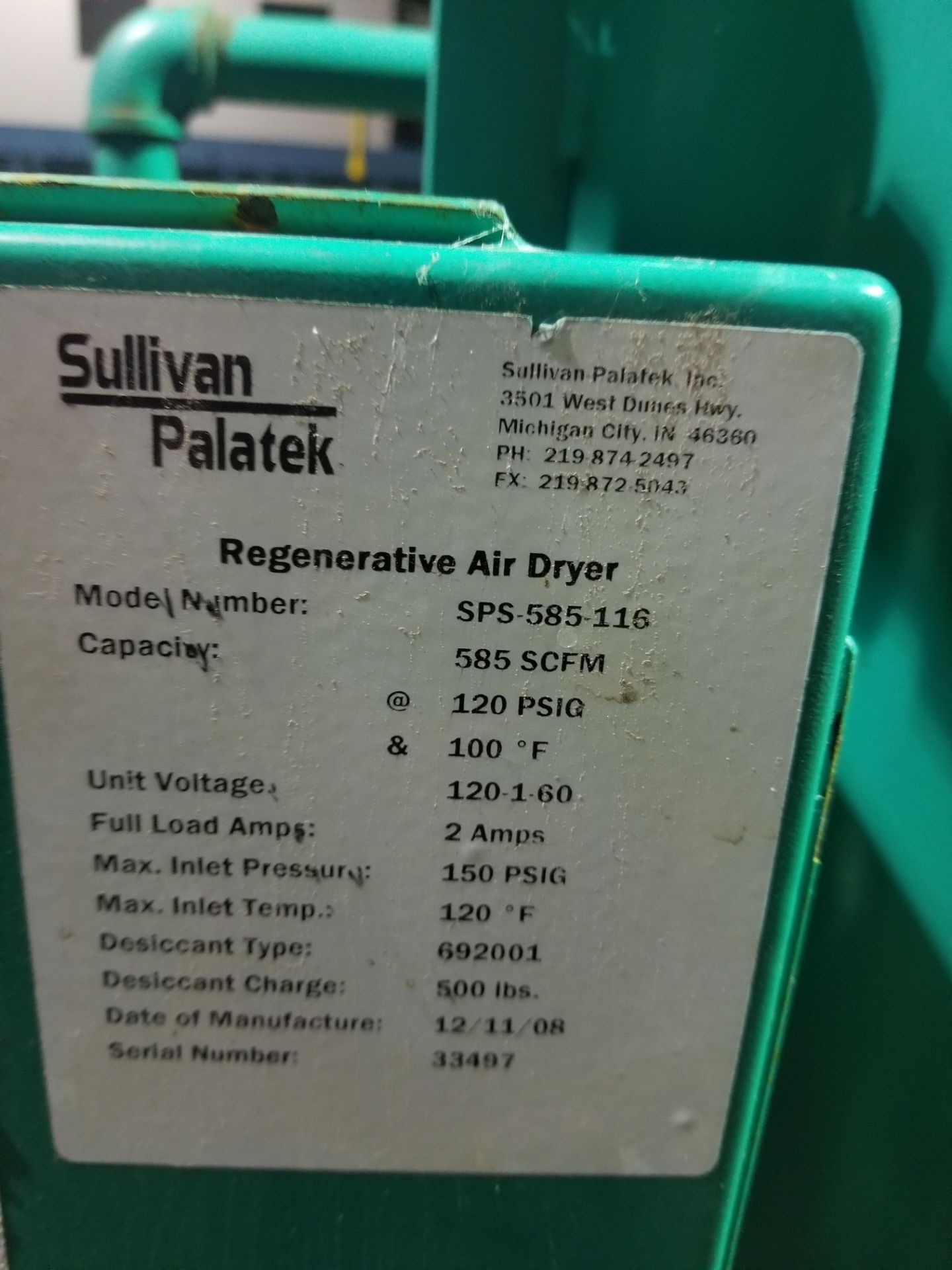 Sullivan Palatek 100UDGJ Rotary Screw Air Compressor with Air Dryer - Image 7 of 7