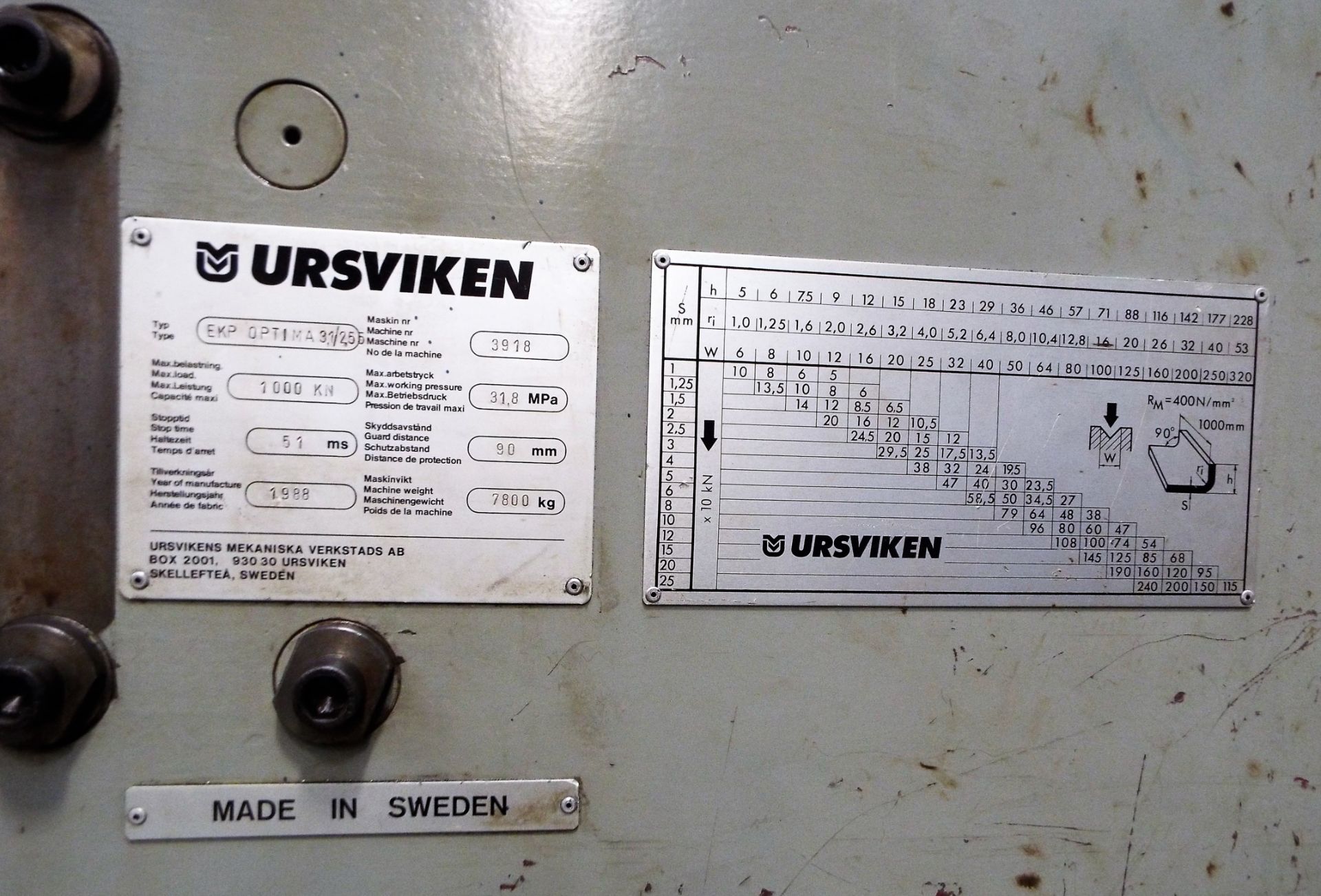 Ursviken EKP Optima 1000KN (100Tonne) NC Press Brake Complete with Tooling. - Image 3 of 18