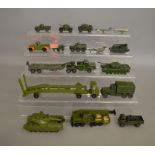 9 unboxed playworn Dinky Toys military vehicles including Mighty Antar and AEC Tank Transporters