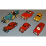 6 Vintage Tinplate car models including #807 Spielzeug GNOM model and friction powered examples,