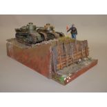 2 Takom WW1 Renault Tank models mounted on diorama base in 1/16th scale, approximately 55cm wide,