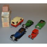 4 Boxed Triang Minic clockwork tinplate models including Ford Royal Mail Van, G+ in F/G box, a green