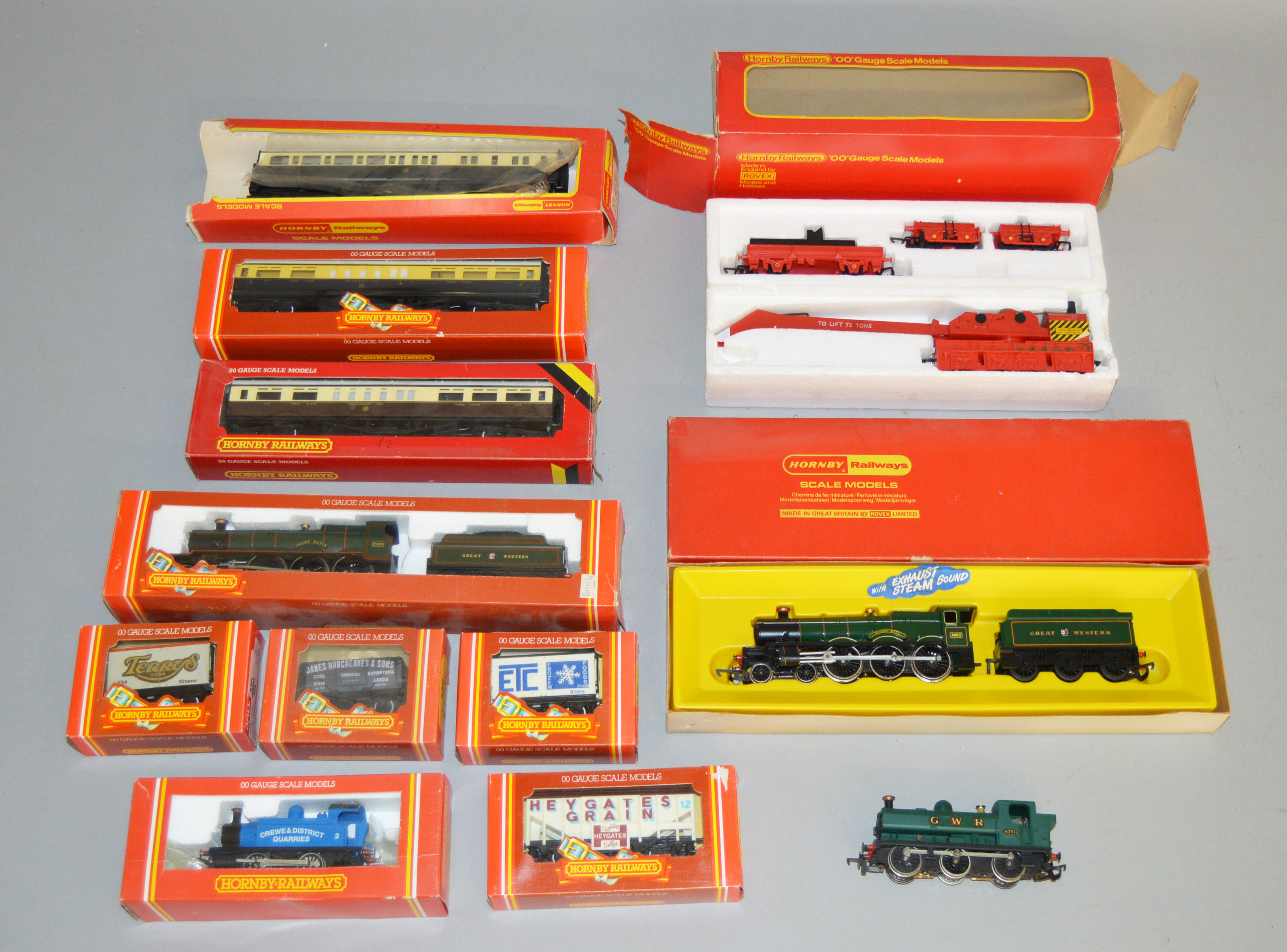 OO Gauge. 3 boxed Hornby Locomotives, R.759 GWR 4-6-0 Hall, R.796 0-4-0T Crewe & District Quarries