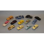 13 unboxed diecast model cars in 1:43 scale including 11 Dinky Toys, some with repainting and two