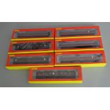 OO Gauge. 7 boxed Hornby BR maroon (ex LMS) Coaches including three lined Period 3 Corridor Coaches,