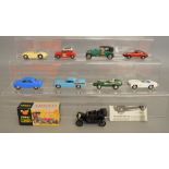 7 unboxed Corgi Toys cars including an Austin Healey in cream, missing screen, a motorised version