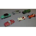 6 unboxed vintage die-cast Dinky models; #108 M.G.Midget, #23F Alfa - Romeo, Petrol Tanker, #107