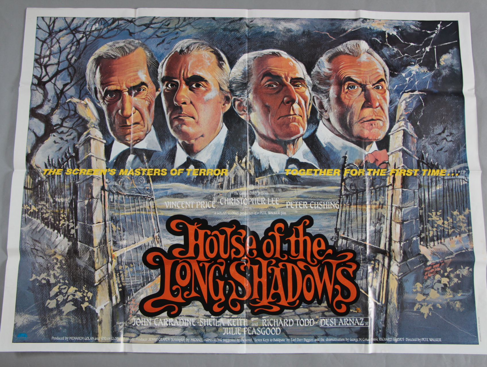 "House of the Long Shadows" British quad film poster picturing John Carradine, Christopher Lee,