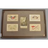 A set of 4 WW1 era silk postcards with a WW1 era photograph set into a frame (AF)