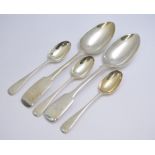 Two Victorian silver spoons 1832 & 1857 together with three Edwardian silvder tea spoons 1906,