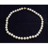 A cultured pearl necklace, clasp stamped 585, pearls approx 9mm, approx length 16inch