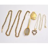 A quantity of 9ct jewellery to include a chain A/F, locket, brooch etc, approx gross weight 14.4gms