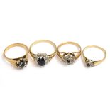 Four 9ct H/M sapphire & diamond set rings, approx gross weight 11.4gms