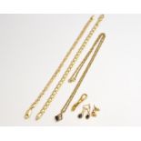 A small bagged quantity of 9ct yellow gold jewellery to include bracelets, chain, earrings etc, most