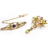 Two Victorian gem set brooches, one set with peridot, amethyst & seed pearls stamped 15ct with a