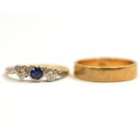 An 18ct edwardian sapphire & diamond ring together with a band stamped 18ct, approx gross weight 5.
