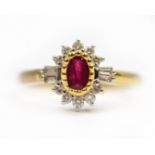 An 18ct H/M ruby & diamond cluster ring, oval ruby approx 0.30cts, diamonds total approx 0.25cts,