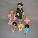 6 Composition dolls; Blonde dressed mama doll, Brunette dressed mama doll, Rosebud walking doll (
