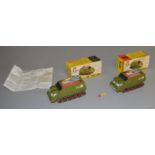 2 boxed Dinky Toys 353 Shado 2 Mobiles, both being variants with brown plastic wheels, pale green