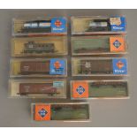 N Gauge. EX SHOP STOCK. 7 boxed items of Rolling Stock by Roco which include  Box, Stock and Flat