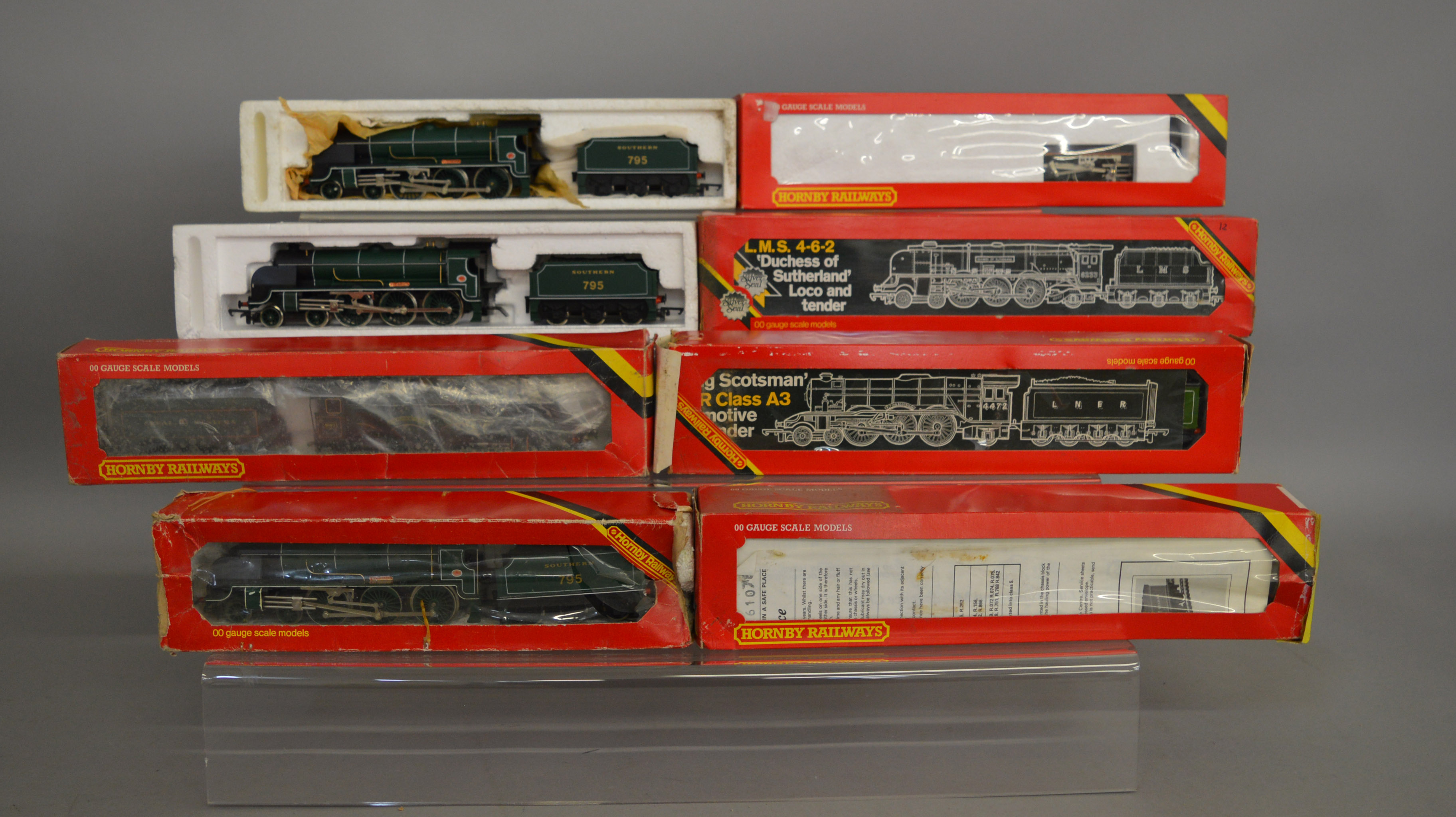 OO Gauge. 8 boxed Hornby Locomotives housed in incorrect, incomplete or poor packaging including 3 x